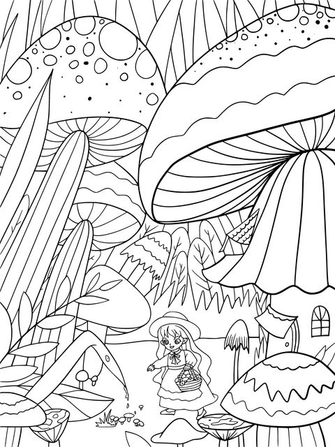 Fantasy Mushroom Forest Coloring Page: A Little Girl's Magical Journey