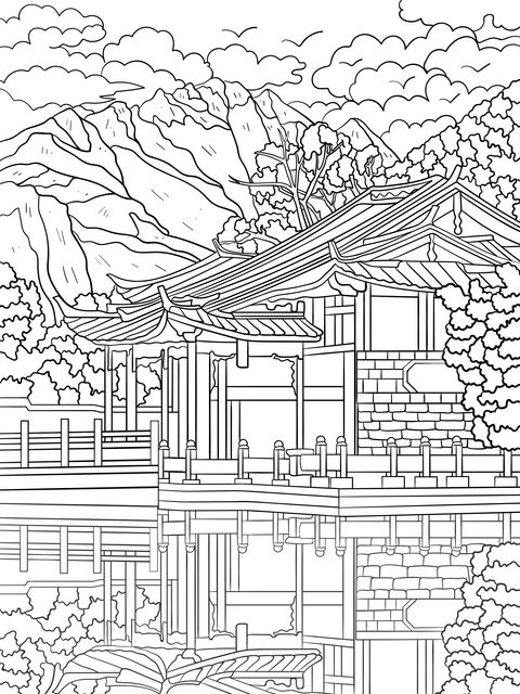 Chinese - style Landscape Pavilion Coloring Page