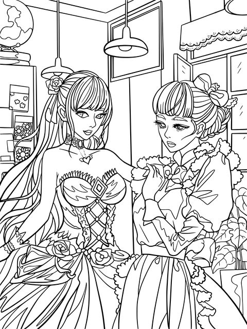 Coloring Page of Two Girls in Gorgeous Attire