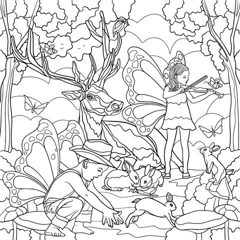 Coloring Page of Fairies and Animals in a Magical Forest