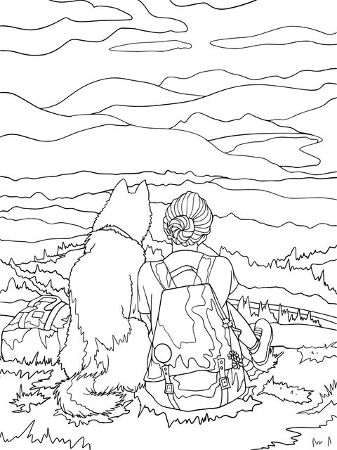 Coloring Page: Girl and Dog Enjoying Mountain Scenery