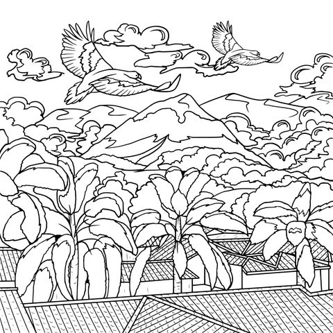 Tropical Scenery with Flying Birds Coloring Page