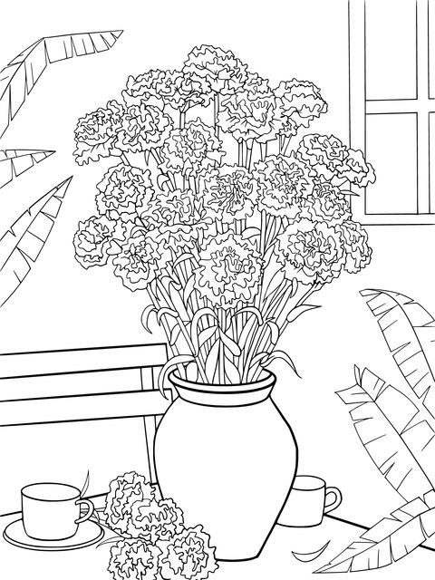 Coloring Page of a Vase Filled with Carnations