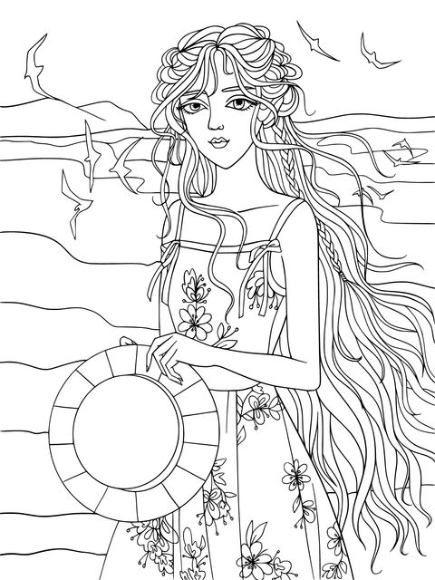 Blonde - haired Girl with a Hat by the Sea Coloring Page