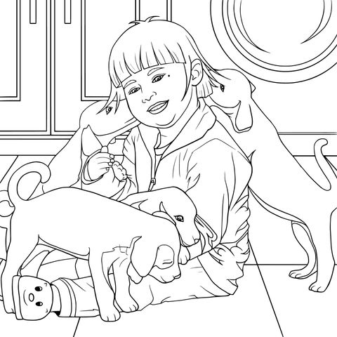 Coloring Page of a Child Interacting with Puppies