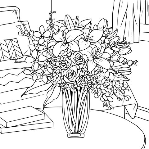 Coloring Page of Flower - filled Vase in an Indoor Scene