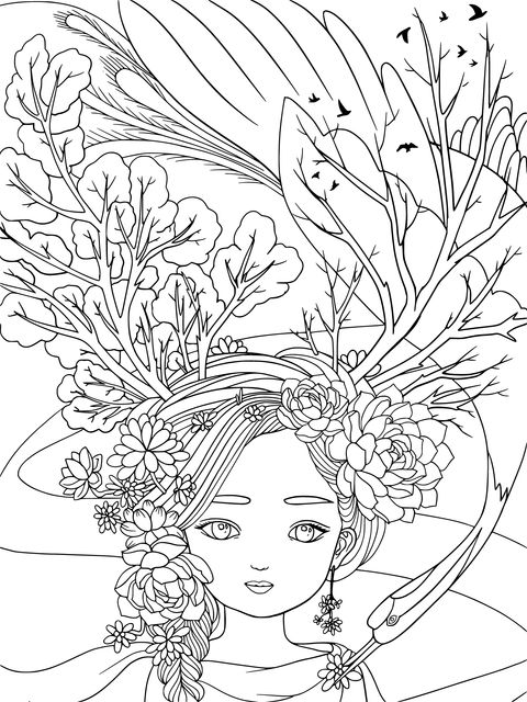 Dreamy Flower - adorned Girl and Crane Coloring Page