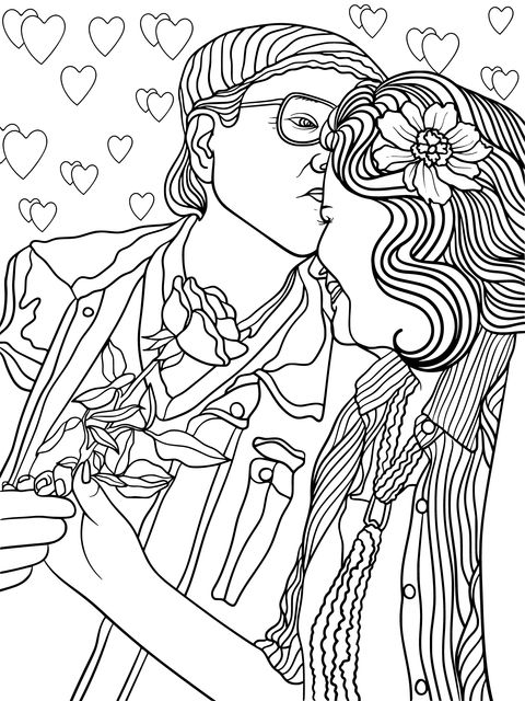 Romantic Elderly Couple Kissing Coloring Page