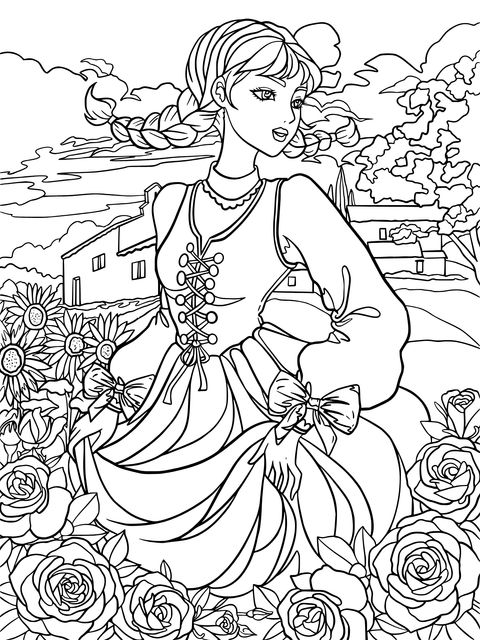 Blonde Girl among Roses in the Countryside Coloring Page