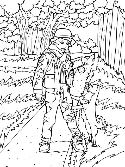 Coloring Page: Boy and Dog Playing in the Forest