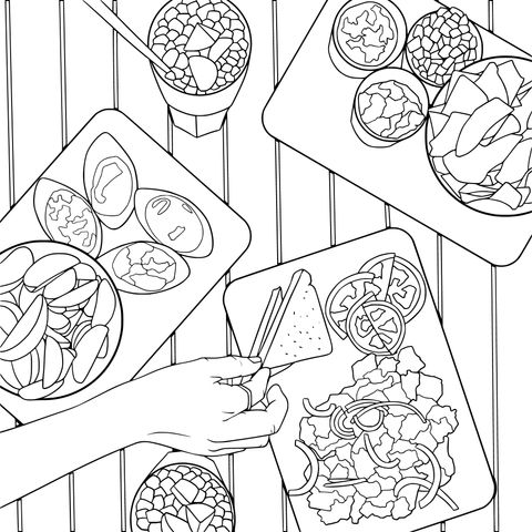 Hand - drawn Food Coloring Page: Diverse Snacks and Refreshing Salad