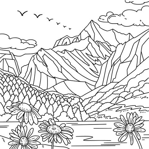 Beautiful Mountain - Water Landscape Coloring Page