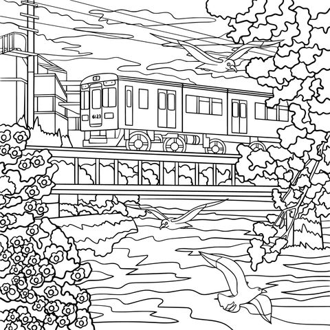 Green Train Scenery Coloring Page