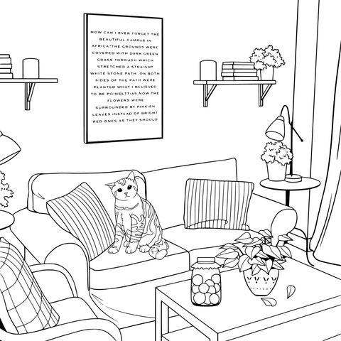 Cozy Living - room with Cat Coloring Page