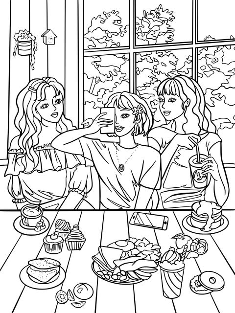 Coloring Page of Three Girls Enjoying Brunch