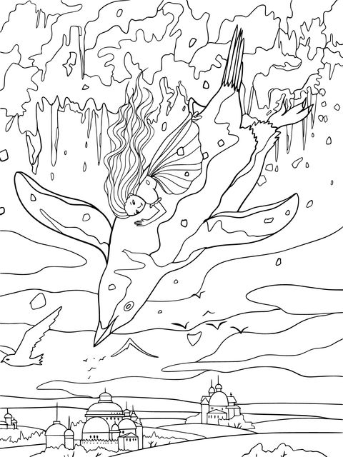 Fantasy Coloring Page of a Girl Flying with a Penguin