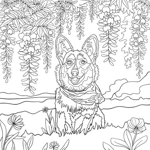 Adorable Dog and Wisteria Coloring Page