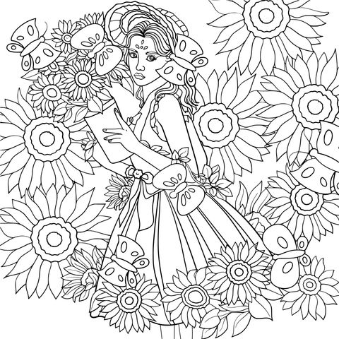 Coloring Page of a Girl and Sunflowers