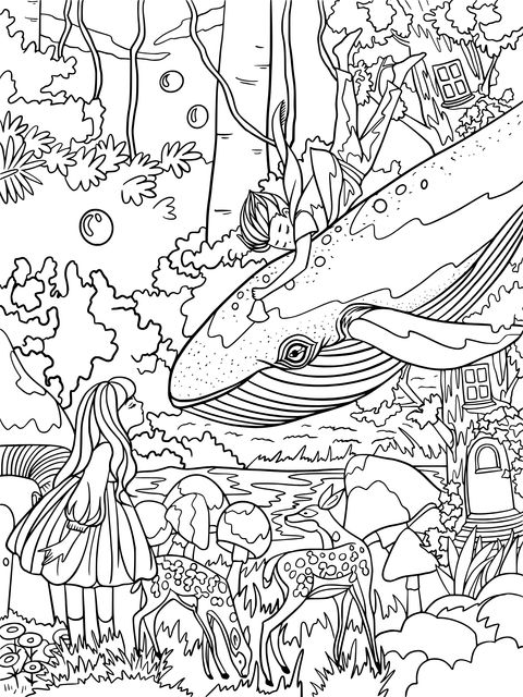 Coloring Page of a Magical Forest and Flying Whale