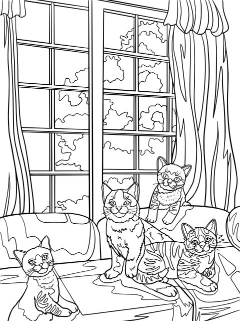 Página de Colorear de Adorables Gatos en una Escena Interior