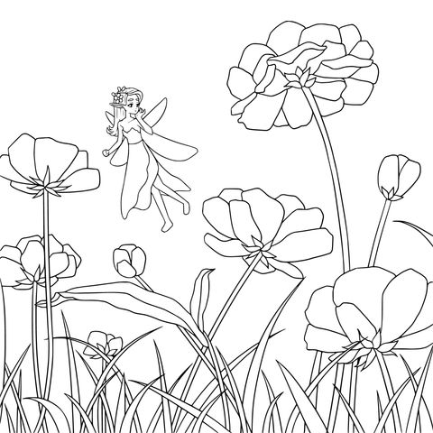 Coloring Page of a Fairy in a Flower - filled Scene