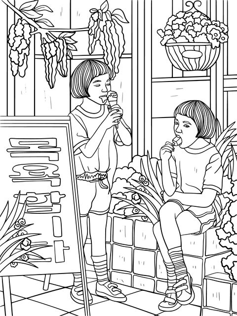 Coloring Page of Two Girls Eating Ice - Creams