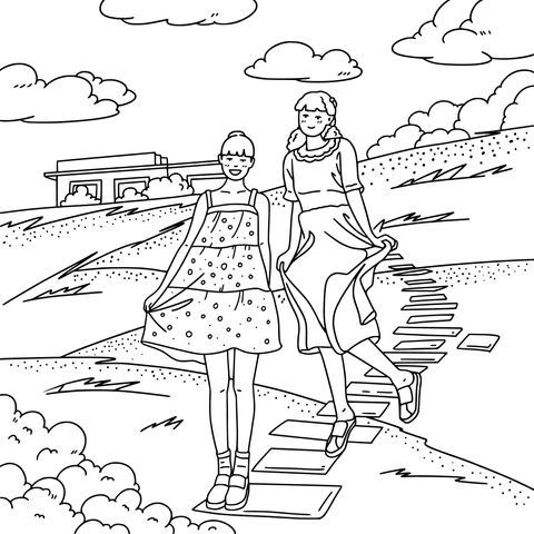 Coloring Page of Two Ladies Strolling