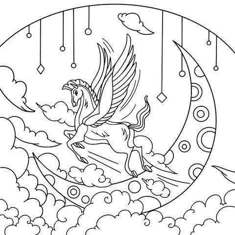 Dreamy Flying Horse on the Moon Coloring Page