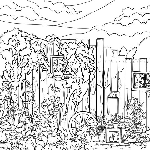 Página de Colorear de un Encantador Escena de Jardin