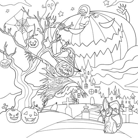 Halloween - themed Coloring Page: A Magical Scene of Pumpkins, Witches and Ghosts