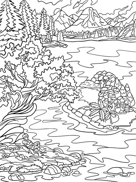 Autumn Lakeside Scenery Coloring Page