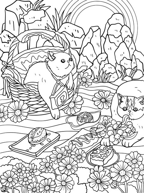 Cat Picnic - Themed Coloring Page