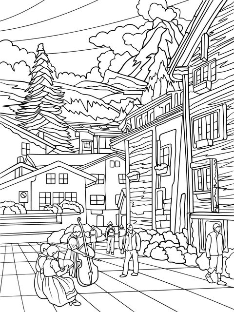 Colorful Town Street Scene Coloring Page