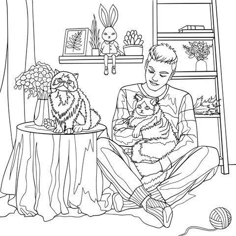 Warm Moment: Man and Cats Coloring Page