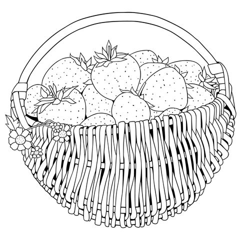 Página para colorir de uma cesta cheia de morangos