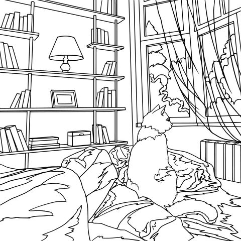 Coloring Page of a Cat by the Window in a Cozy Bedroom