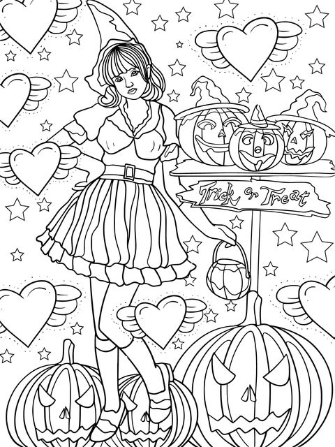 Halloween - themed Coloring Page: Magical Girl and Pumpkins