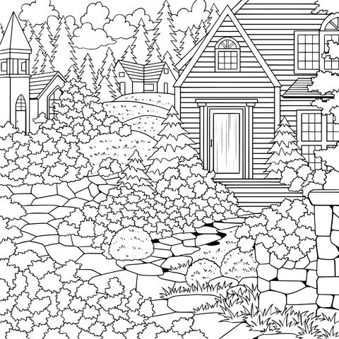 Beautiful Courtyard and Surrounding Scenery Coloring Page