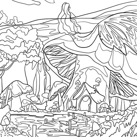 Enchanting Mushroom House and Long - Haired Fairy Coloring Page