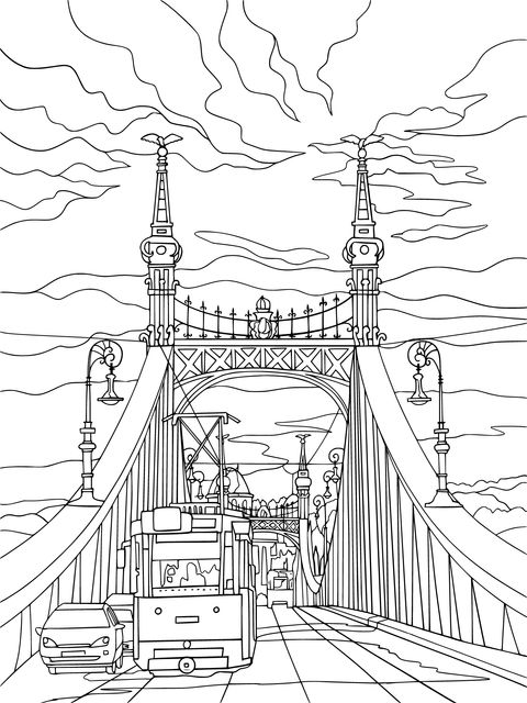 Vintage Tram Crossing a Bridge Coloring Page