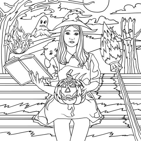 Witch with Pumpkin and Magic Book Coloring Page