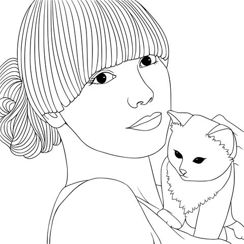 Coloring Page of a Girl Holding a Cat