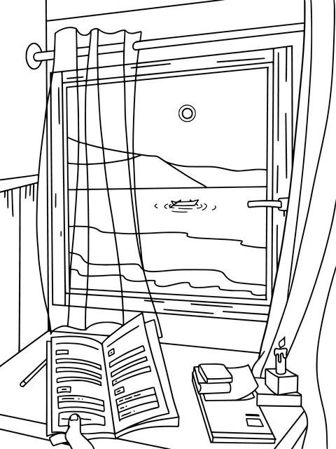 Nighttime Scene by the Window Coloring Page