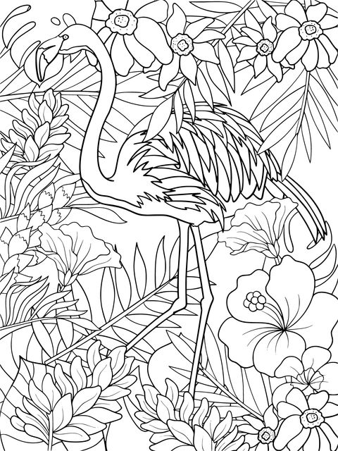 Flamingo and Colorful Flowers Coloring Page