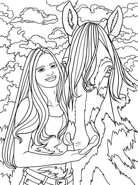 Heart - warming Illustration Coloring Page of a Girl and a Steed