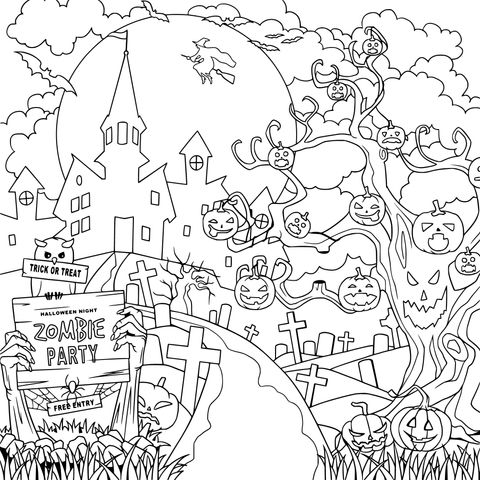 Halloween - themed Coloring Page: Ghostly Castle and Jack - o'- lanterns