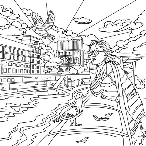 Coloring Page of the Scenery by the River in Paris