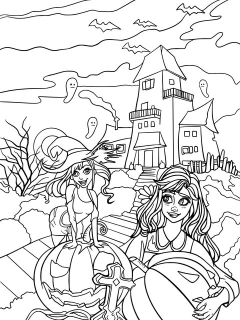 Halloween - themed Coloring Page: Girls with Pumpkins and Haunted House