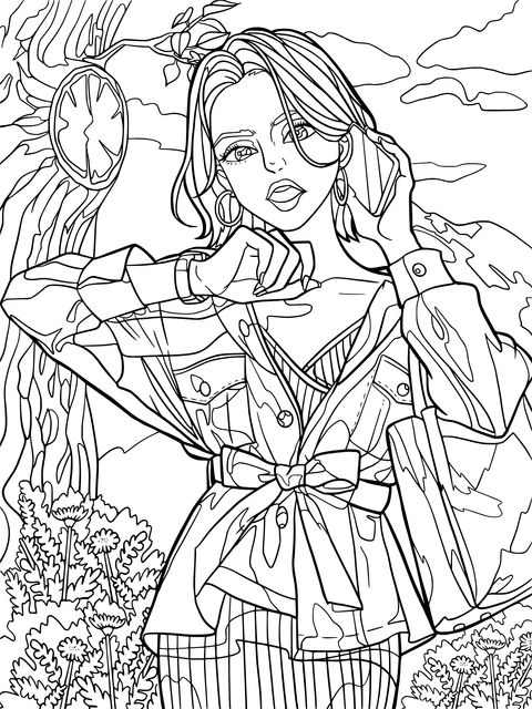 Fashionable Woman Making a Phone Call Outdoors Coloring Page