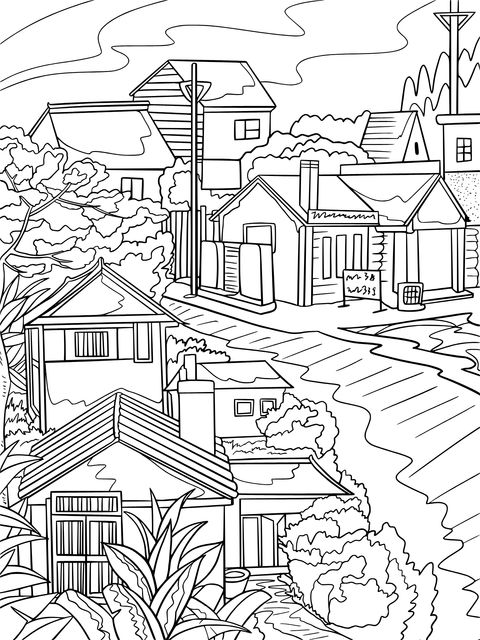 Cozy Community Landscape Coloring Page